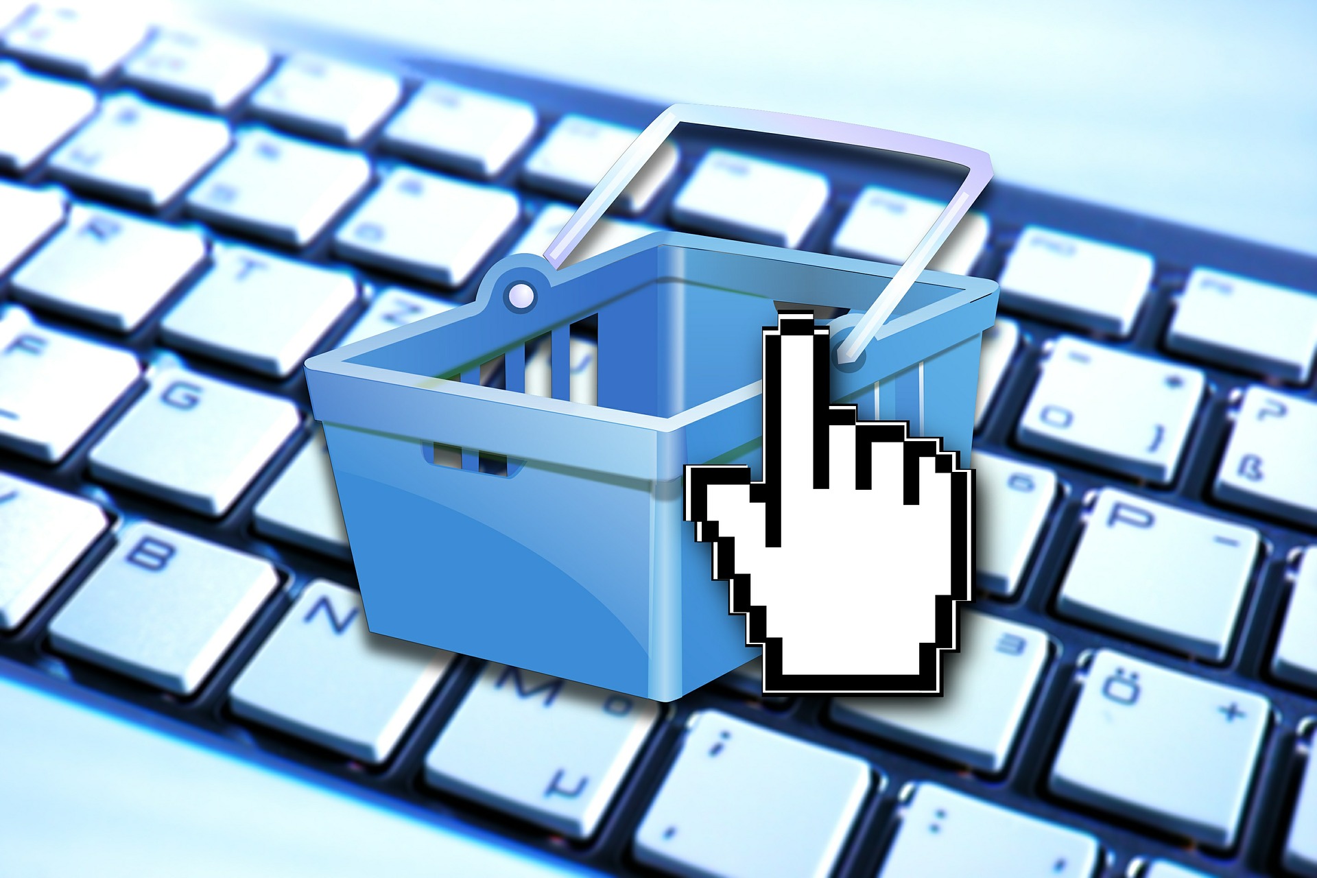 Graphic of a hand icon clicking a checkout basket