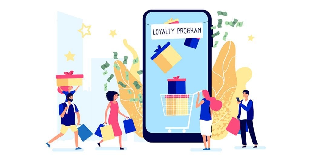 Graphic of people shopping - phone showing loyalty program